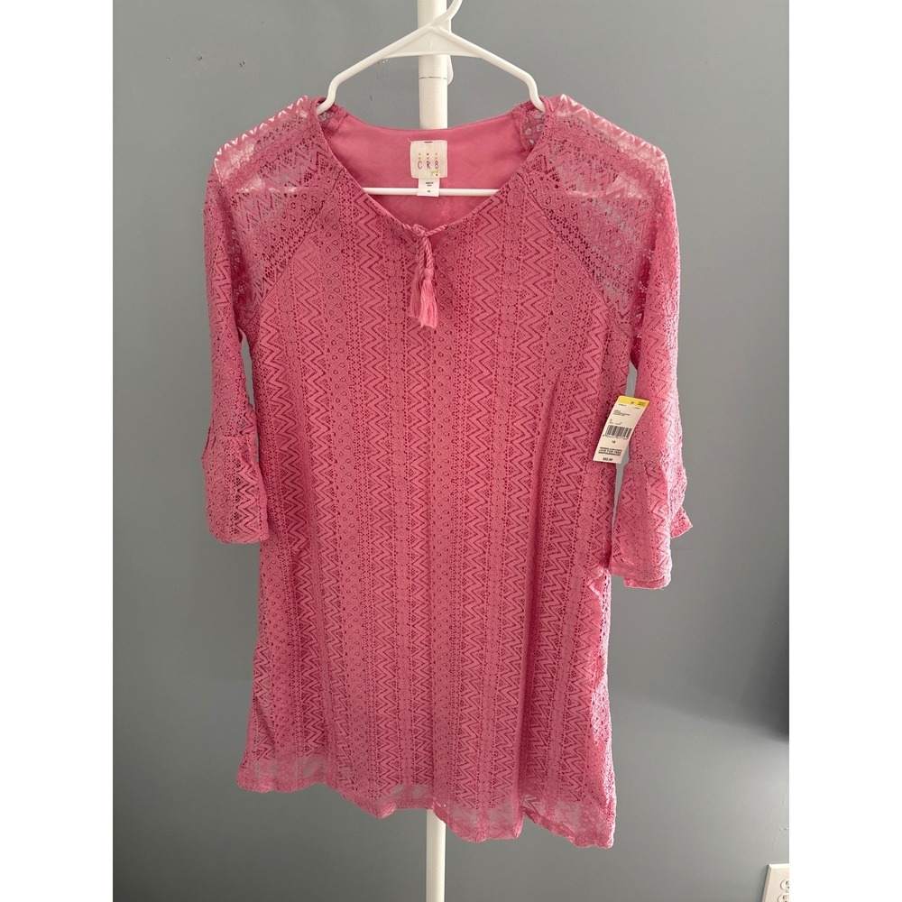 Girls Pink Lace Shift Dress Size M 7/8‎ Bell Sleeve Tassel Detail NEW